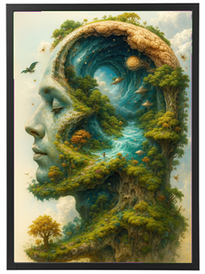 Et surrealistisk billede, der viser en menneskelig profil fyldt med natur, vand og stjerner.