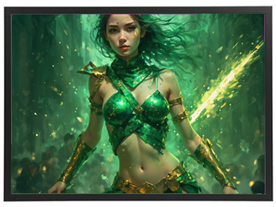 En stærk kvindelig kriger med grønne rustninger står i en magisk skov, omgivet af lys og energi.
