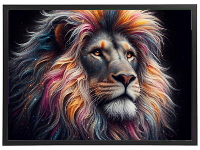 Et kunstnerisk billede af en løve med en farverig og detaljeret manke.