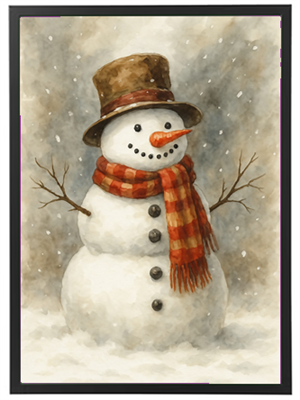 Et billede af en glad snemand iført en hat og tørklæde, omgivet af sne.