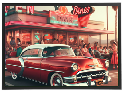 Et billede af en vintage diner med en rød bil og mennesker, der nyder stemningen.