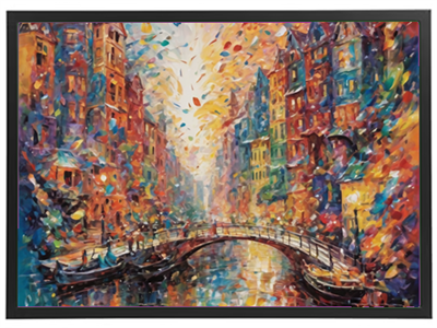 Et livligt maleri af en kanal omgivet af farverige bygninger og en bro, fyldt med lys og energi.