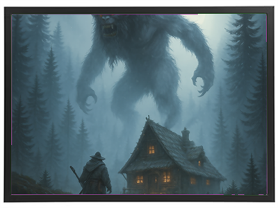 En stor, truende skabning står overfor en ensom rejsende ved en hytte i en tåget skov.