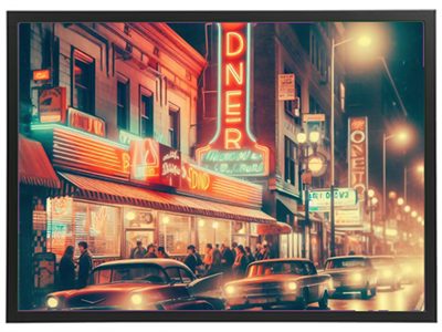 Et livligt gadebillede med en vintage diner oplyst af neonskilt, biler og mennesker.