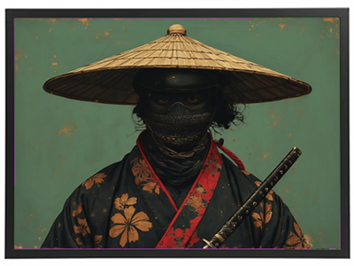 Billedet viser en samurai iført en traditionel hat og maske, med en katana i hånden.