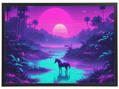 En farverig, surrealistisk skovscene med en enhjørning ved en sø under en stor, pink solnedgang.