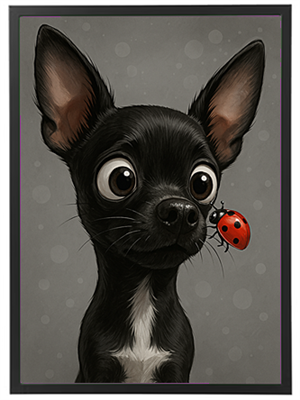 Et sødt billede af en sort Chihuahua, der kigger nysgerrigt på en rød mariehøne.