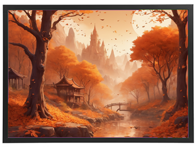 Et malerisk landskab med gyldne efterårsfarver, en bro over en stille flod og et slot i baggrunden.