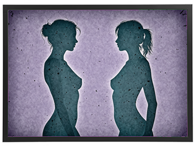 Et kunstnerisk billede af to silhuetter af kvinder, der står side om side på en farvet baggrund.