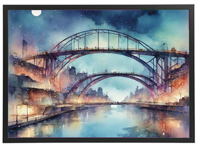 En smuk akvarel af en bro, der strækker sig over en glitrende flod under en stjerneklar himmel.