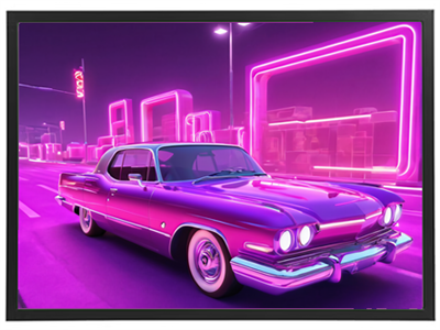 Et retro bilbillede med neonfarver i en futuristisk bymiljø.