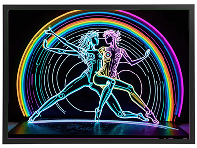 Billedet viser to stiliserede neonfigurer, der danser under en farverig regnbue.