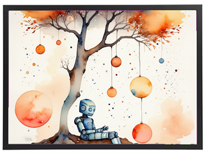Et maleri af en robot, der sidder under et træ med farverige kugler hængende fra grenene.
