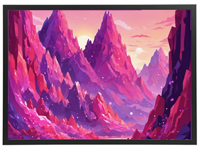 En farverig og dramatisk udsigt over bjerge med nuancer af pink og lilla under en solopgang.