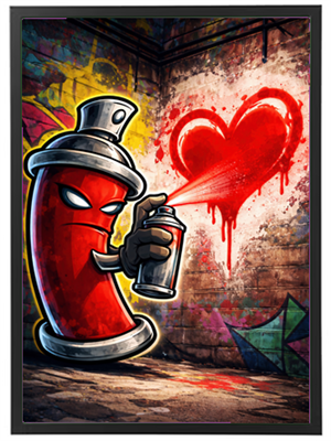 En tegneserieagtig spraydåse maler et hjerte på en væg med graffiti.