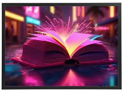 En farverig, åben bog udsender lys og sprudlende effekter i en livlig byscene.