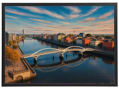 Et panorama af en flod med en moderne bro og farverige bygninger langs bredden.