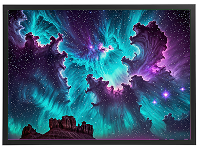 Et farverigt himmelbillede med stjerner og dramatiske skyer i nuancer af blå og lilla.