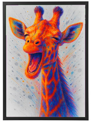 En livlig og farverig illustration af en giraff, der griner med åben mund.