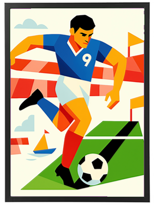 En stiliseret illustration af en fodboldspiller i blåt tøj, der sparker til en bold.