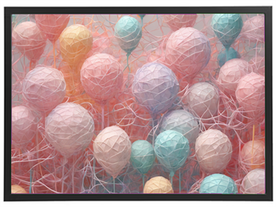 Et abstrakt billede af geometrisk formede balloner i pastel farver, der skaber en drømmende atmosfære.
