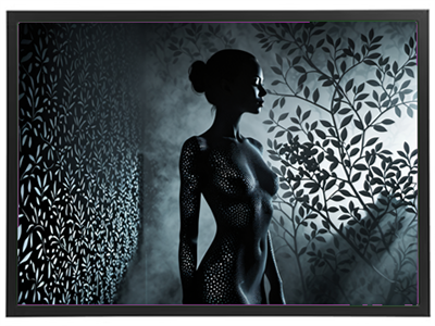 En kunstnerisk fremstilling af en silhuet af en kvinde mod en baggrund af blade og skygger.