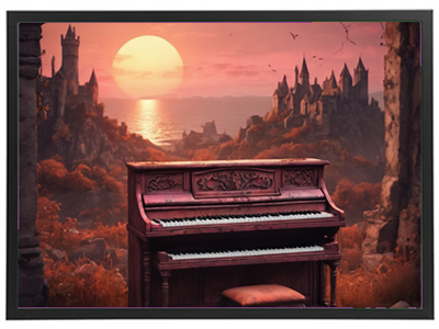 Et gammelt klaver står i en naturskøn setting med slotte og en solnedgang i baggrunden.