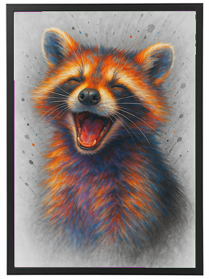 Et kunstnerisk billede af en vaskebjørn, der griner med en livlig farvepalet.