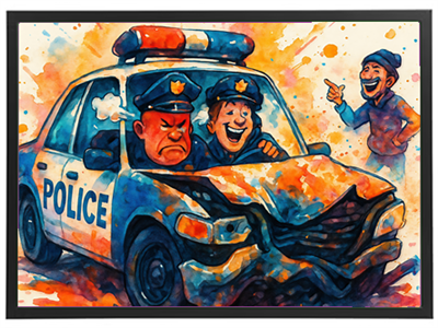 En farverig illustration af en skadet politibil med to betjente, hvoraf den ene ser sur ud, mens den anden griner. En mand i baggrunden peger og griner.