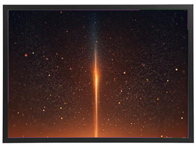 En strålende lysstråle bryder gennem mørket, omgivet af glitrende partikler.