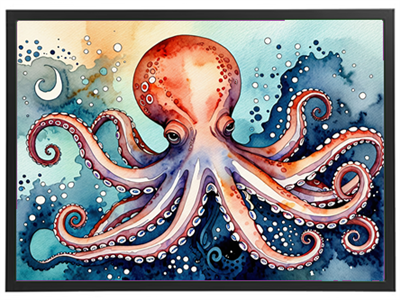 En livlig akvarelillustration af en blæksprutte med farverige arme og en drømmende baggrund.