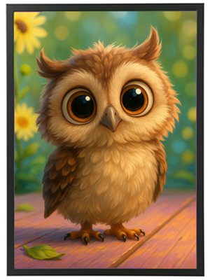 En nuttet ugle står på en træoverflade, omgivet af blomster og en grøn baggrund.