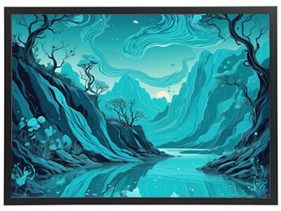 En stiliseret illustration af en fjord med bjerge, træer og en rolig vandoverflade.