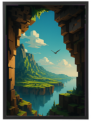 En malerisk udsigt gennem en klippeåbning, der viser en dal med bjerge og en sø.