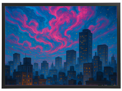 En farverig aftenhimmel med rosa og blå nuancer over en by med høje bygninger.