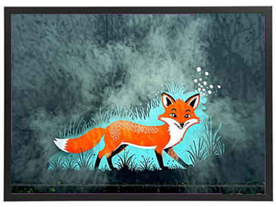 En illustration af en glad ræv, der går gennem et grønt landskab med tåge.