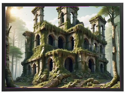 Et gammelt, forladt slot dækket af mos og omgivet af frodig skov.