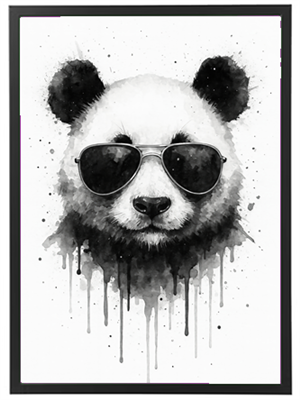 Et kunstnerisk billede af en panda med solbriller, præsenteret i sort og hvid.