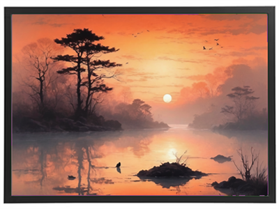 En smuk solopgang over en rolig sø, omfavnet af træer og fugle, der flyver i horisonten.