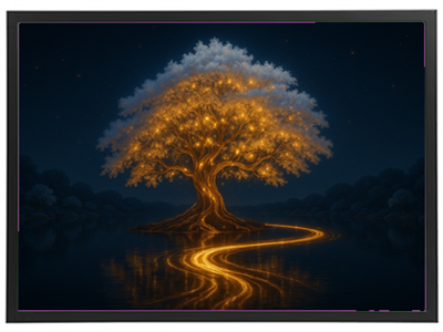 Et storslået træ med glødende grene, der reflekteres i vandet under en stjerneklar nat.