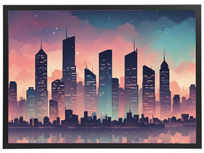 En farverig illustration af en bysilhuet med høje bygninger under en skumringshimmel.