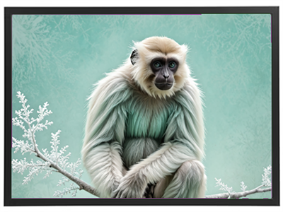 Et nærbillede af en abe med lyse pels og en grønlig baggrund, der sidder på en gren.