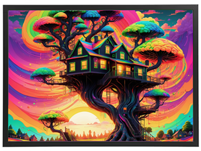 Et surrealistisk træhus omgivet af farverige, svampelignende træer og en strålende solnedgang.