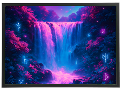 En betagende scene med et vandfald omgivet af lyse, neonfarvede effekter og mystiske symboler.