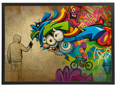 Et kreativt graffiti-værk med farverige figurer og en silhuet af en person med spraymaler.