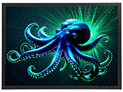 Et kunstnerisk billede af en blæksprutte med levende farver, svævende i mørket.