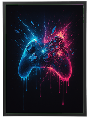 Et kunstnerisk billede af en spilkonsol med blå og pink energistråler og dråber.