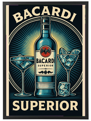 En vintage stil reklame for Bacardi Superior rum med cocktailglas og isterninger.