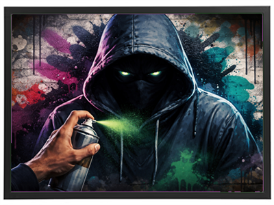 En skikkelse i hættetrøje sprayer graffiti, omgivet af farverige malerier.