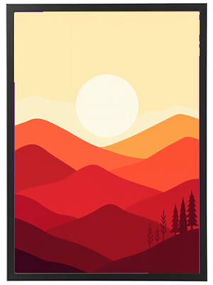 En stiliseret illustration af en solnedgang med bølgende bjerge i nuancer af rød og orange.